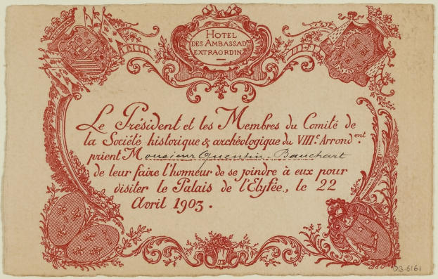 Altes Dokument mit komplexem rot-weißem Design und lesbarer Schrift.
