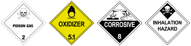 Vier gelb-schwarze Gefahrenzeichen mit der Aufschrift "Oxidationsmittel", "Korrosiv" und "Lungengefährdend" und einem Totenkopf-Symbol auf weißem Hintergrund.