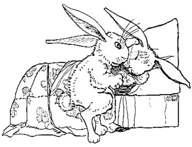 Schwarze und weiße Zeichnung von zwei Hasen, die auf einem Sofa sitzen und von Ostereier-Malvorlagen umgeben sind.