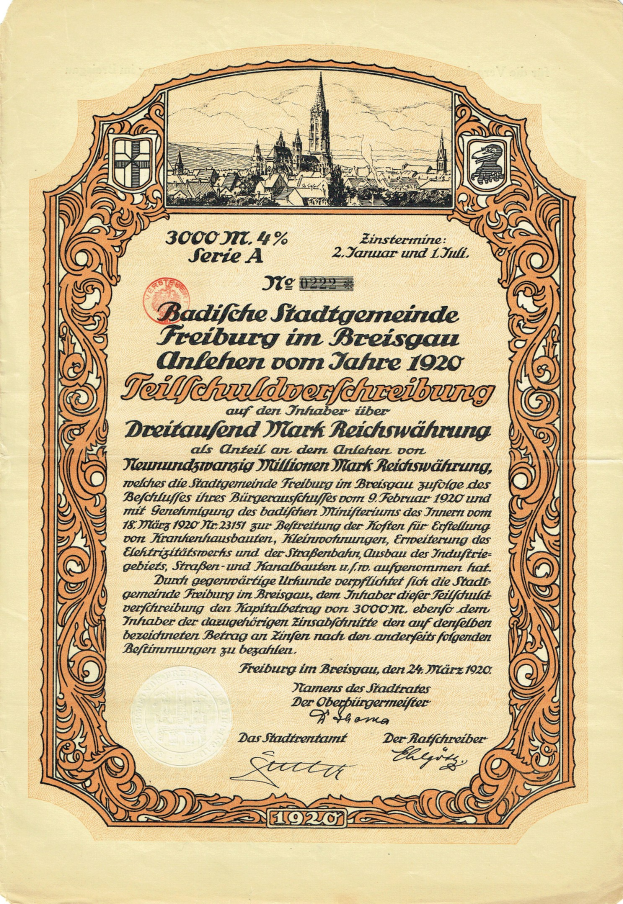 Altes deutsches Aktienzertifikat mit einer Stadtansicht und gedrucktem Text über seinen Ursprung.