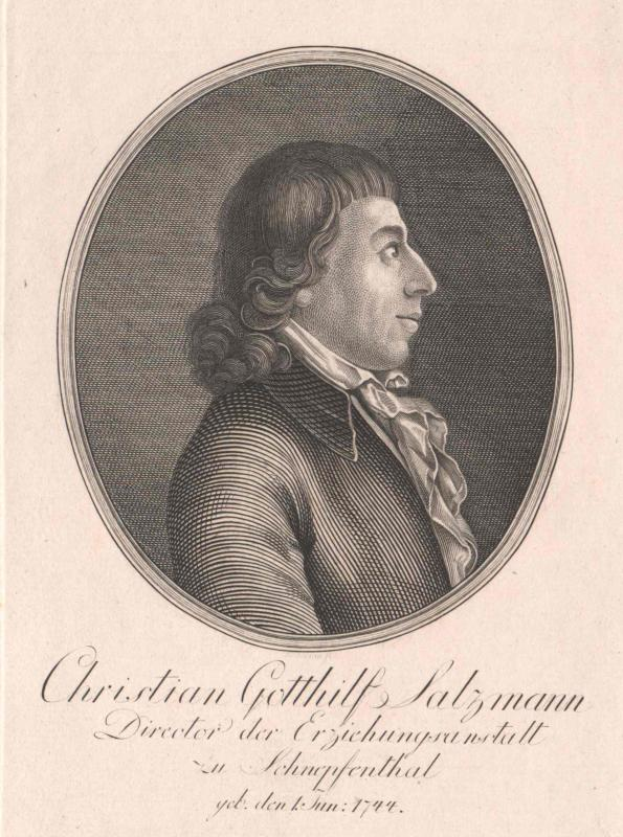 Porträt von Christian Gottlieb Salzmann, einem deutschen Komponisten, der ein schwarzes und weißes gestreiftes Hemd trägt, mit Text am unteren Bildrand.
