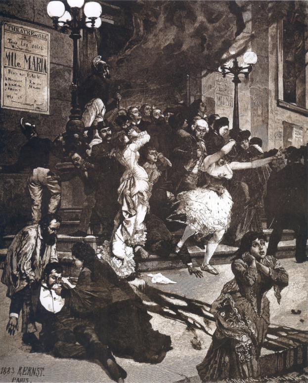 Schwarze und weiße Illustration von Menschen, die vor einem Gebäude mit Laternen und einer Tafel an der Wand tanzen, mit der Beschriftung 'Der Tanz der Oper' unten.