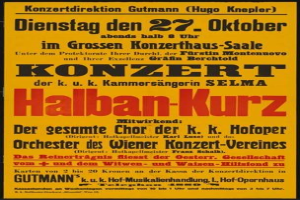 Gelbes Plakat, das ein Konzert mit dem Titel "Konzert Halban-Kurz" in Berlin, Deutschland ankündigt.