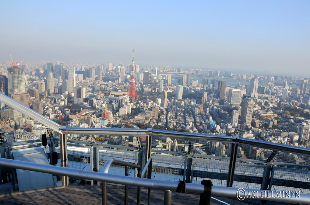 Luftaufnahme einer Stadt mit Gebäuden, einem Fluss, einem Metallzaun im Vordergrund und Text unten.