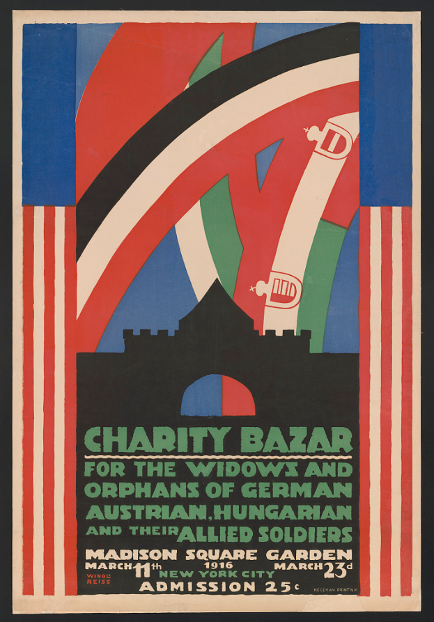 Ein Plakat für einen Wohltätigkeitsbasar zugunsten der Witwen und Waisen von Soldaten verschiedener Nationen, das Text enthält, der das Ereignis beschreibt.