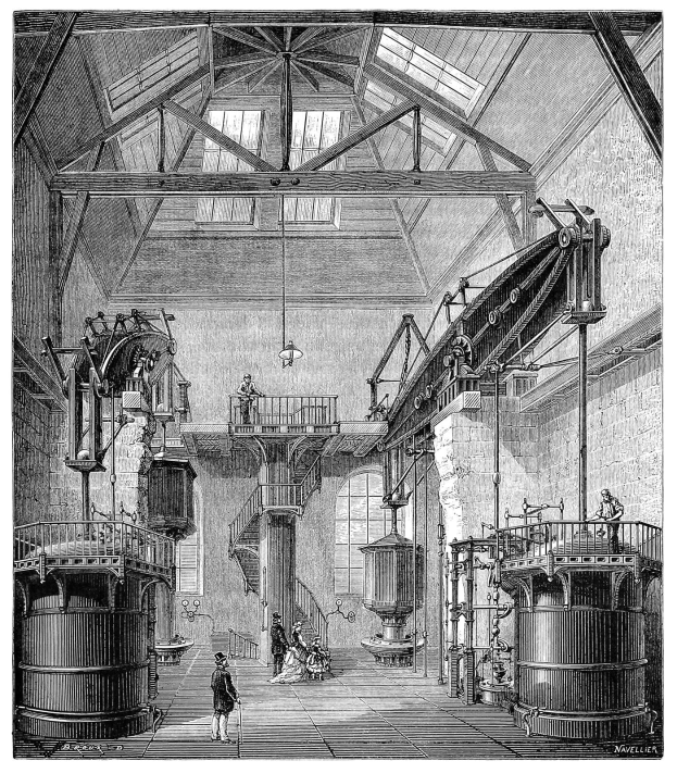 Schwarz-weiß-Industrie-Zeichnung eines Cider-Mühlen-Innenraums mit Maschinen, Arbeitern, Treppen, Geländern, Säulen, Fenstern und Beleuchtung.