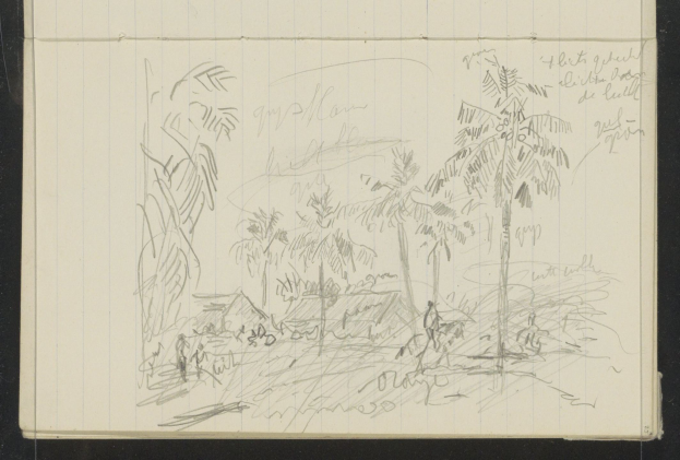 Ein Skizzenbuch, das auf einer Seite mit einer Zeichnung einer Gruppe von Menschen im dichten Dschungel umgeben von hohen Bäumen geöffnet ist, mit einem tiefblauen Himmel und ein paar weißen Wolken.