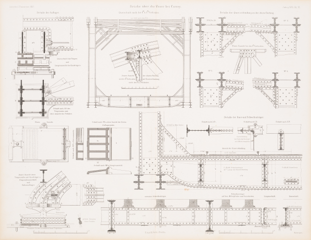 Ein detailliertes Bild einer Eisenbahnbrücke in einem Buch, das ihre Bögen, Träger und andere konstruktive Merkmale zeigt, mit begleitendem Text zur Beschreibung ihrer Konstruktion.
