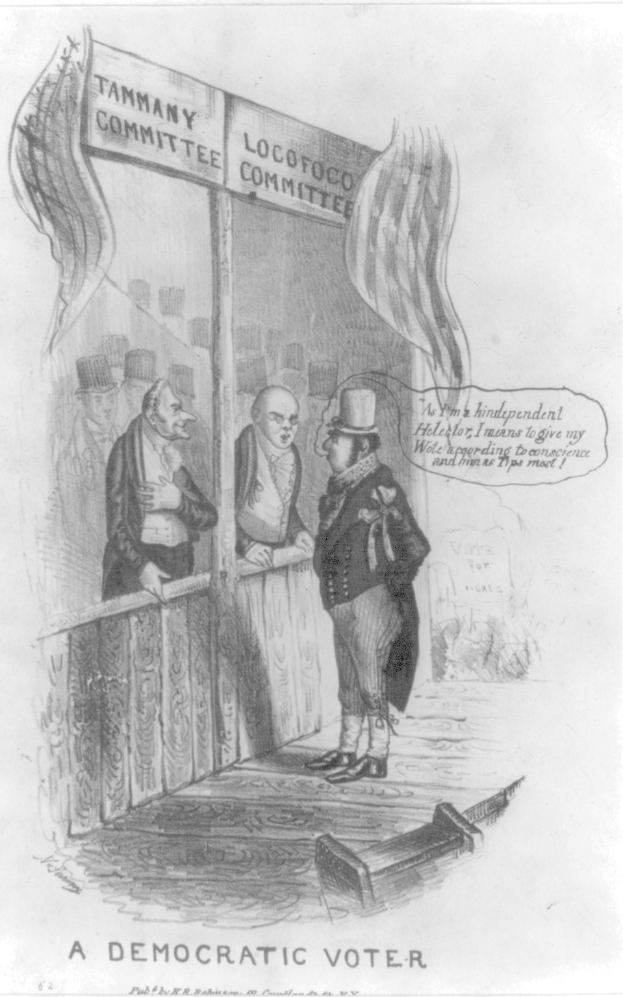 Ein Mann in einem Anzug steht selbstbewusst vor einer Tür mit der Aufschrift "Ein demokratischer Wähler" und sieht entschlossen aus.