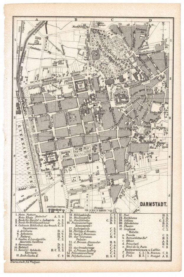 Alte detaillierte Karte von Darmstadt, Deutschland, zeigt Straßen, Gebäude, Sehenswürdigkeiten und Text mit Namen und Entfernungen.