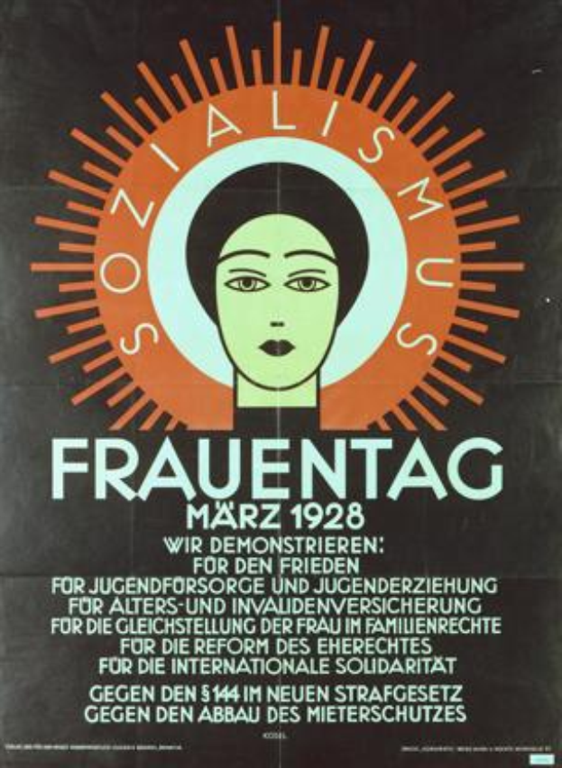 Ein Plakat aus dem Jahr 1928 mit dem Konterfei einer Frau und der Aufschrift "Frauentag" in fetter, schwarzer Schrift, das die Internationale Solidaritätsbewegung unterstützt.