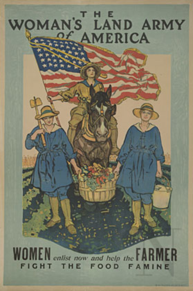 Ein Plakat mit einer Frau auf einem Pferd, die eine Fahne hält, und zwei Frauen vor Körben mit Lebensmitteln, die für den Einsatz von Frauen gegen die Lebensmittelknappheit werben.