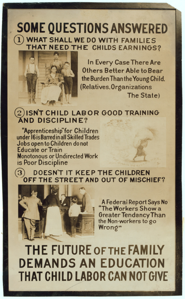 Ein Plakat mit einem hellgelben Hintergrund, auf dem eine vielfältige Gruppe von Menschen im Kreis steht, mit der Aufschrift "Die Zukunft der Familie verlangt eine Bildung, die Kinderarbeit nicht geben kann."