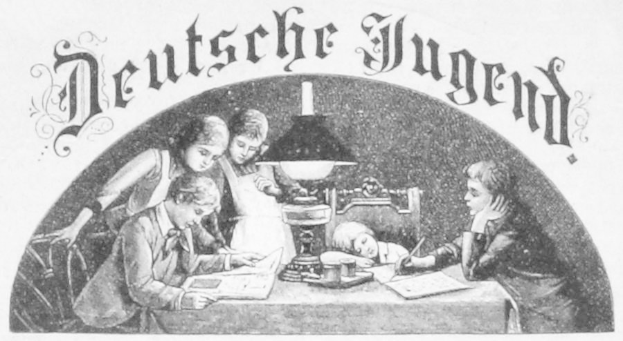 Schwarz-weiß-Plakat mit "Deutsche Jugend"-Text über Kindern an einem Tisch mit Büchern und einer Lampe.