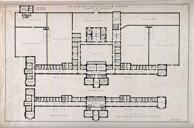 Schwarz-weißer architektonischer Grundriss eines großen Gebäudes mit zahlreichen beschrifteten Räumen, darunter ein Abschnitt, der als Irrenhaus für Kriminelle bezeichnet ist.