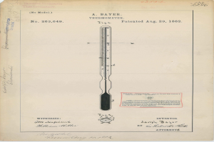 Ein abgenutztes Buch mit einer Illustration eines Thermometers, das mit "Bayer Thermometer Patent No. 263,649" beschriftet ist.
