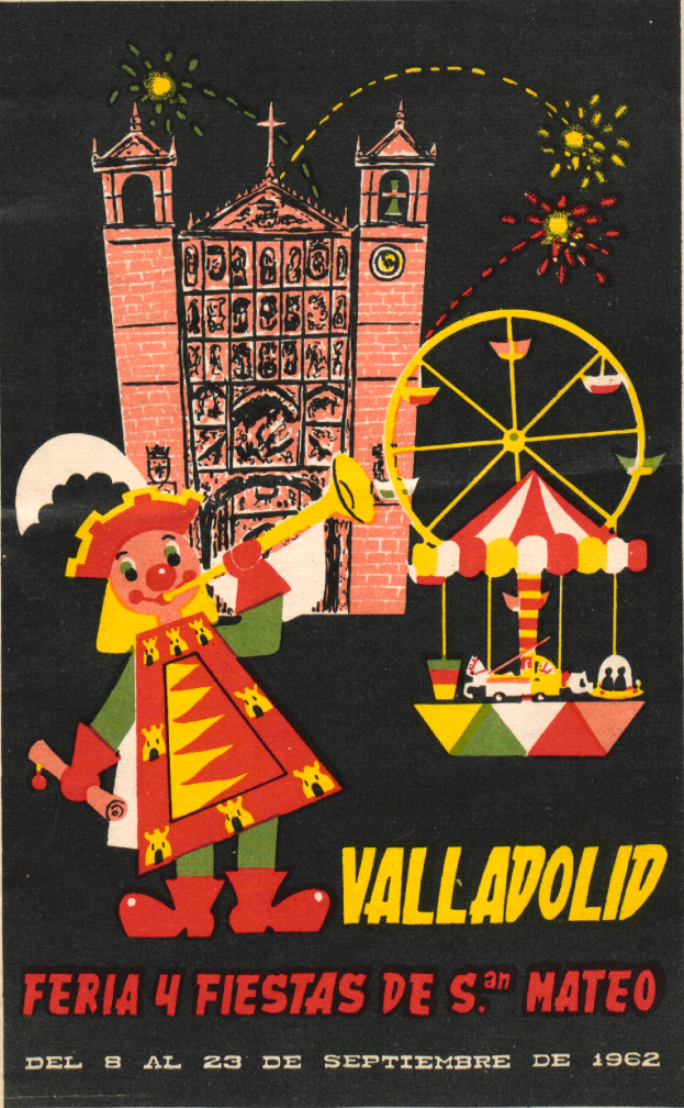 Ein buntes Karnevalsposter aus Valladolid, Spanien, das ein Gebäude, ein Riesenrad, ein Spielzeug und festliche Texte zeigt.
