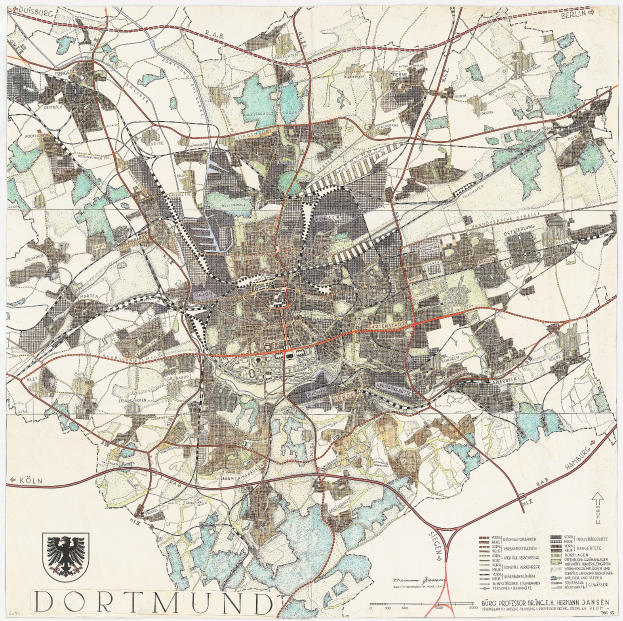 Alte Karte von Dortmund, Deutschland auf einem Plakat mit Logo und Text unten abgedruckt.