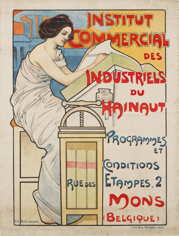 Plakat für das Institut Commercial des Industriels du Hainaut, das eine Frau an einem Tisch sitzend mit einem Buch zeigt, mit Text, der Details über das Institut enthält.