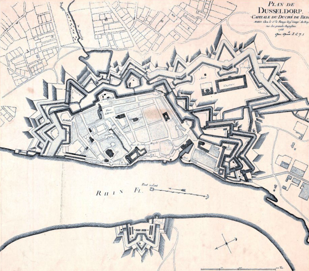 Detailierte Stadtplan-Poster von Düsseldorf, Deutschland, zeigt Straßen, Gebäude, Sehenswürdigkeiten und Text mit Stadtinformationen.