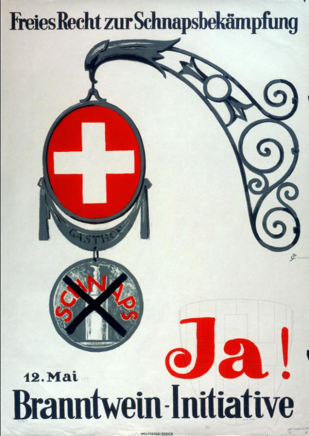 Ein Plakat mit einem roten Kreuz und der fettgedruckten schwarzen Schrift "Jä Brantwein-Initiative", wahrscheinlich werbend für eine Schweizer Rotes Kreuz-Initiative.