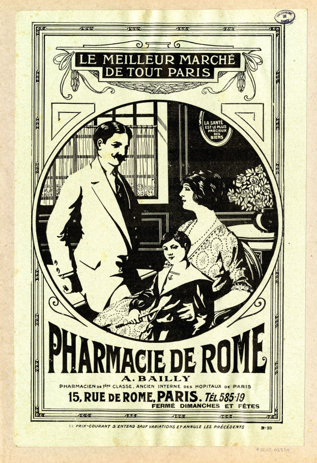 Schwarze-Weiße-Werbung für eine Apotheke in Rom, auf der ein Mann und eine Frau nebeneinander stehen und Text über ihre Dienstleistungen beschreibt.