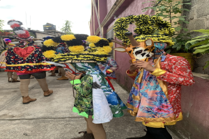 Eine Gruppe von Menschen in bunten Kostümen hält verschiedene Gegenstände und steht zusammen vor einem Gebäude während eines Faschingsumzugs, mit Bäumen, Gebäuden und einem klaren blauen Himmel im Hintergrund.