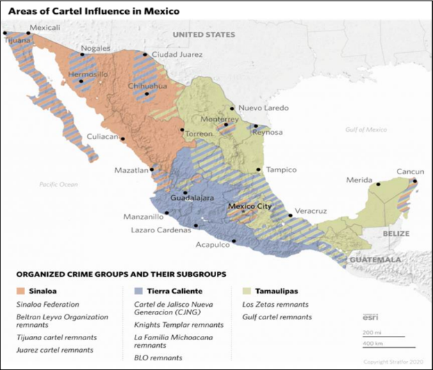 Eine Karte von Mexiko mit verschiedenen Farben, die Bereiche der Kartellhoheit anzeigen, begleitet von Text, der weitere Informationen bereitstellt.