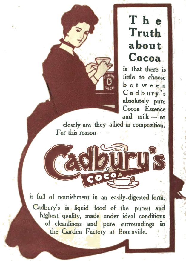 Werbung für Cadbury-Schokolade mit einer Frau, die eine Tasse Kakao hält, und Werbetext.