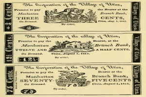 Ein altes Buch, das eine Bank bewirbt, zeigt einen Mann und eine Frau nebeneinander mit entschlossener Miene, mit dem Text "Bank" und Zahlen, die den erhaltenen Geldbetrag angeben.