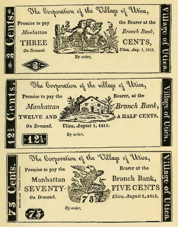 Ein altes Buch, das eine Bank bewirbt, zeigt einen Mann und eine Frau nebeneinander mit entschlossener Miene, mit dem Text "Bank" und Zahlen, die den erhaltenen Geldbetrag angeben.