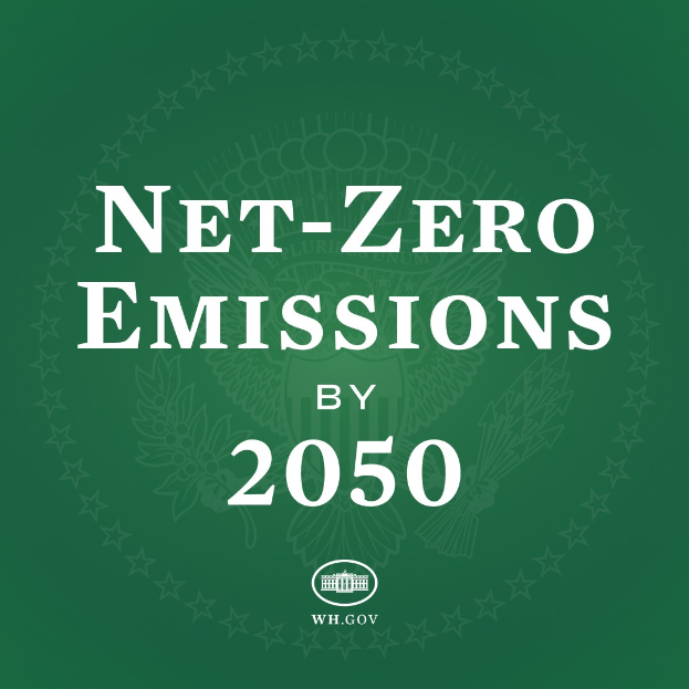 Fetter weißer Text "Netto-Null-Emissionen bis 2050" auf einem festen grünen Hintergrund.