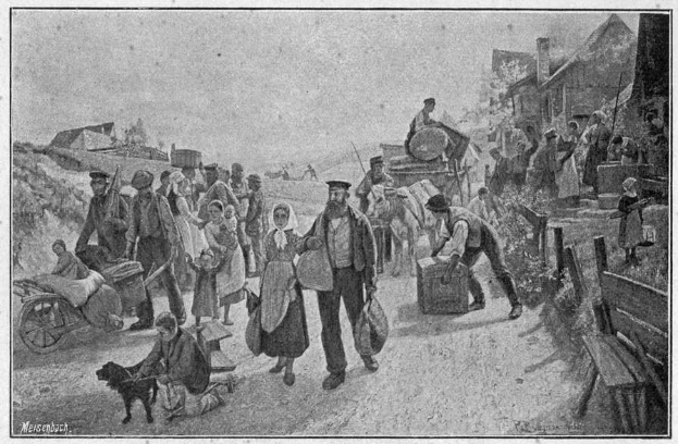 Eine Gruppe von Menschen, einige mit Taschen, geht eine Schotterstraße entlang mit einem Hund und einem von Pferden gezogenen Wagen, mit Häusern und einem klaren Himmel im Hintergrund; Text unten lautet "Deutsche Flüchtlinge in Deutschland".