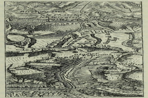 Eine schwarz-weiße topografische Karte des Rheins, die Höhenangaben, Geländekonturen und Texte mit Städtenamen, Ortschaften und geographischen Merkmalen zeigt.