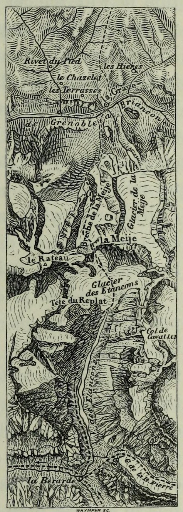 Eine schwarz-weiße topografische Karte des Rheins, die Höhenangaben, Geländekonturen und Texte mit Städtenamen, Ortschaften und geographischen Merkmalen zeigt.