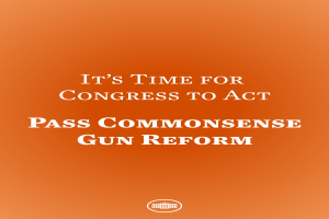 Ein Plakat mit der Aufschrift "Es ist Zeit für den Kongress, Commonsense-Gun-Reform zu beschließen" in fetter schwarzer Schrift auf orangefarbenem Hintergrund.