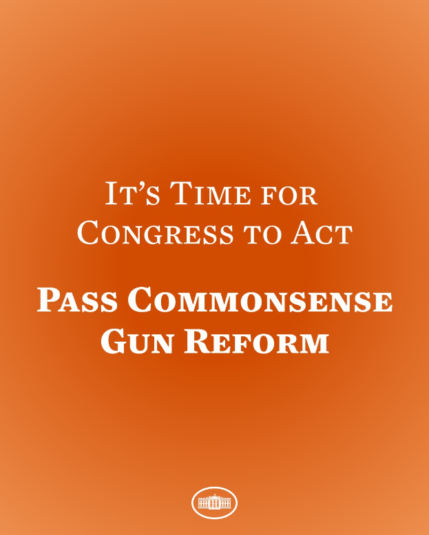 Ein Plakat mit der Aufschrift "Es ist Zeit für den Kongress, Commonsense-Gun-Reform zu beschließen" in fetter schwarzer Schrift auf orangefarbenem Hintergrund.