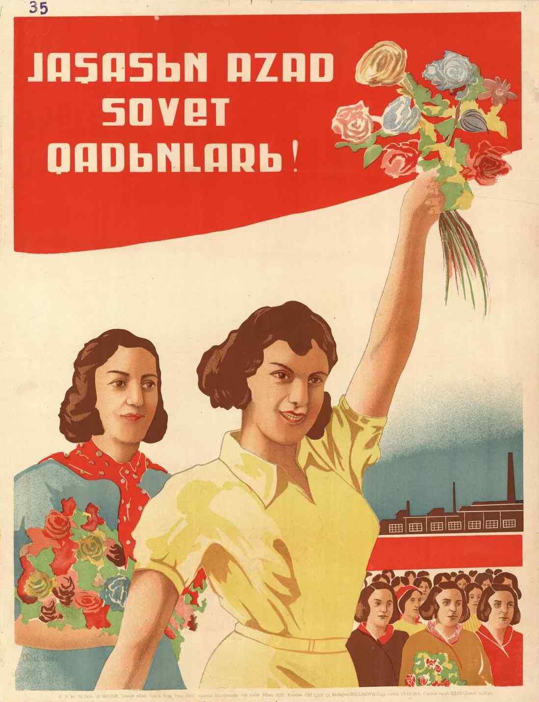 Sowjetisches Propagandaplakat zum Frauentag mit einer Frau, die Blumen hält, umgeben von einer Menge und einem Gebäude, mit der Aufschrift "Frauentag".