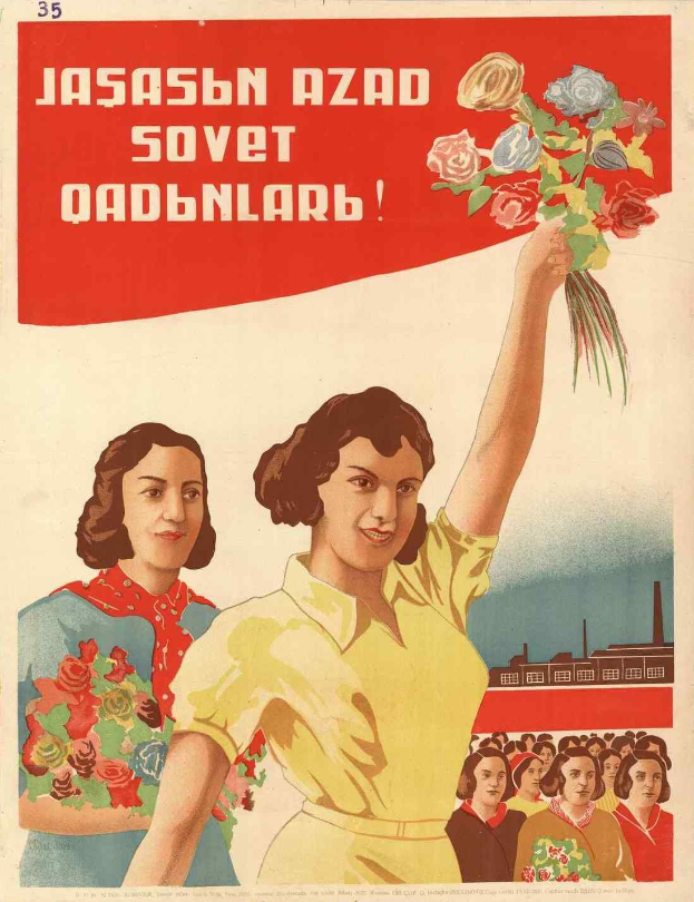 Sowjetisches Propagandaplakat zum Frauentag mit einer Frau, die Blumen hält, umgeben von einer Menge und einem Gebäude, mit der Aufschrift "Frauentag".