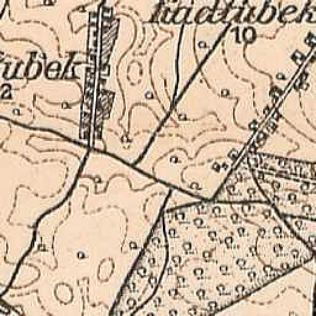 Ein detaillierter alter Stadtplan von Hüberbeek, Deutschland, der Straßen, Gebäude, Sehenswürdigkeiten und begleitenden Text mit Stadtinformationen zeigt.