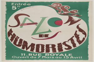 Plakat, das eine Humoristen-Salon-Veranstaltung in Paris, Frankreich, ankündigt, mit Text, der seine Angebote beschreibt.