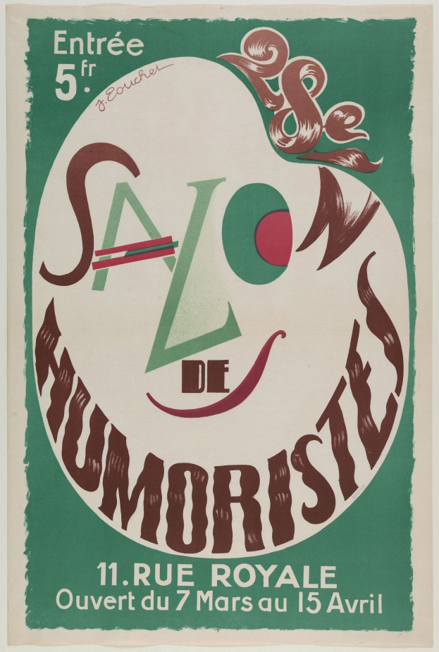 Plakat, das eine Humoristen-Salon-Veranstaltung in Paris, Frankreich, ankündigt, mit Text, der seine Angebote beschreibt.