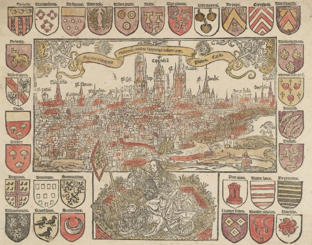 Alte detaillierte Karte von Köln, Deutschland, mit illustrierten Gebäuden, Bäumen, Menschen, Text und dekorativen Symbolen.