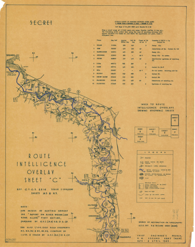 Ein detailliertes Routenintelligenz-Overlay-Blatt C, das Straßen, Highways und Text mit Informationen über Städte und Orte entlang der Route anzeigt.