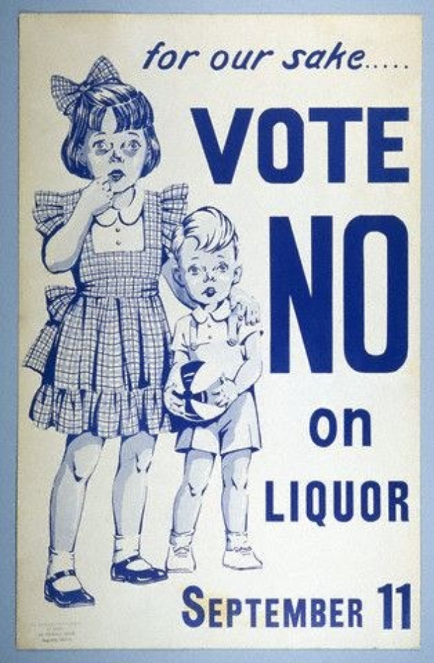 Plakat an einer Wand mit zwei Kindern, die nebeneinander stehen, wobei eines einen Ball hält und die Aufschrift "Stimme gegen Alkohol" in fetter schwarzer Schrift liest.