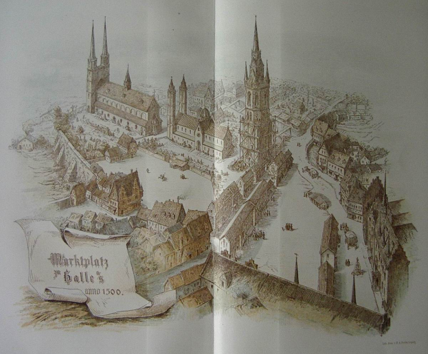 Ein aufgeschlagenes Buch mit einer detaillierten Zeichnung des Marktplatzes in Galle, Deutschland, umgeben von Gebäuden, mit Text auf der Seite.