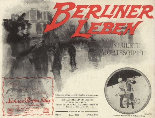 Umschlag eines alten Buches mit dem Titel "Berliner Leben" mit einer Illustration von Menschen in traditioneller deutscher Tracht, die wahrscheinlich die kulturelle Geschichte Berlins darstellen.