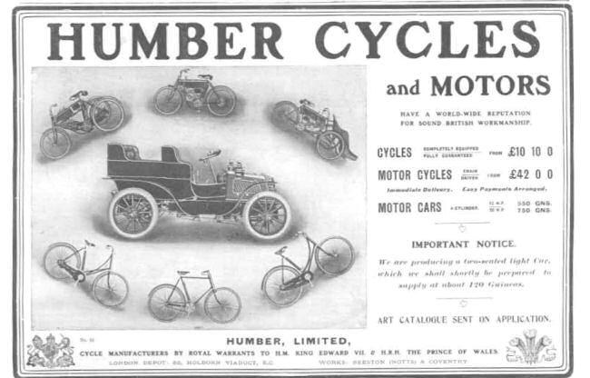 Werbung für Humber Cycles and Motors mit verschiedenen Fahrzeugen und Fahrrädern und beschreibendem Text.