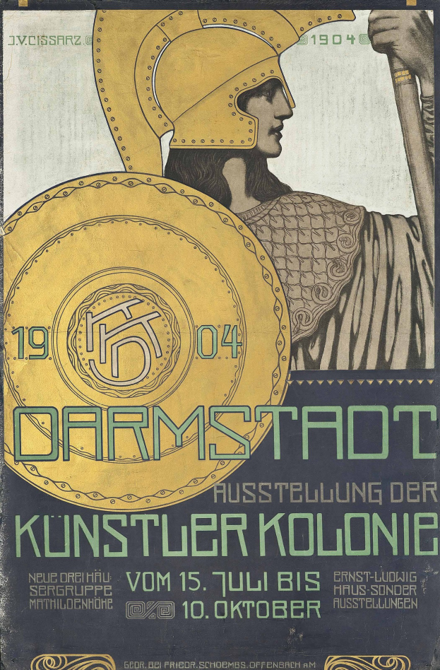Plakat für ein 1904er Berlin-Konzert mit einem Helmträger, der ein Schild hält, und der Aufschrift «Darmstadt» und «Künstler Kolonie»