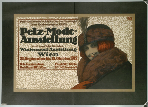 Ein Plakat, das ein Wintersportevent in Wien, Österreich, bewirbt und eine lachende Frau in einem Pelzmantel und Hut mit Eventdetails in Text zeigt.